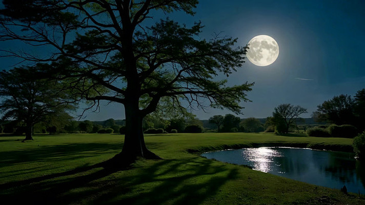 月夜下草地树木与池塘风景 月夜下草地树木与池塘风景