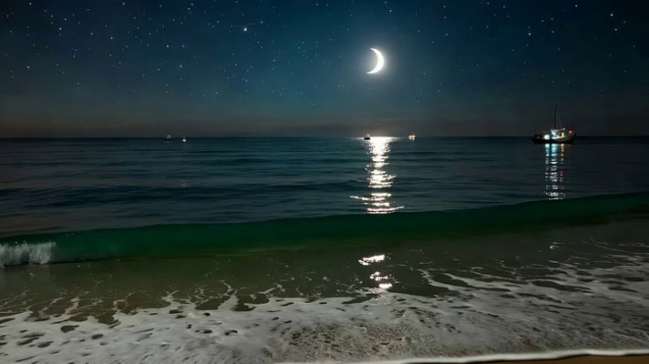 月夜下的海浪与海面景象 月夜下的海浪与海面景象