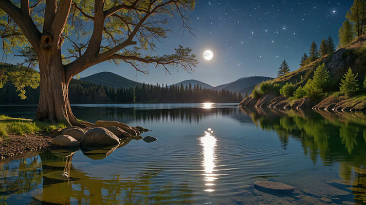 月夜下湖边大树自然风光 月夜下湖边大树自然风光