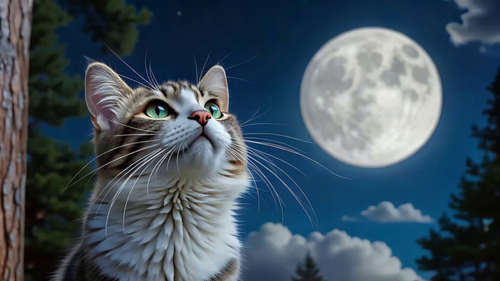 月夜下猫咪抬头凝望画面 月夜下猫咪抬头凝望画面