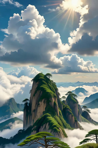 云海环绕的壮丽山峰景观 云海环绕的壮丽山峰景观