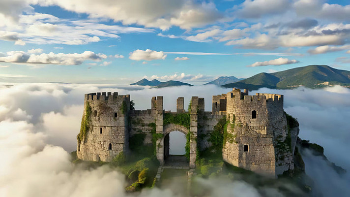 云海中的古老城堡全景 云海中的古老城堡全景