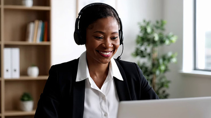 职场女性戴耳机使用笔记本电脑 职场女性戴耳机使用笔记本电脑