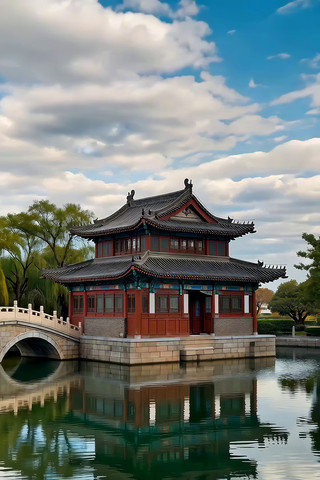 中式古建筑湖畔全景 中式古建筑湖畔全景