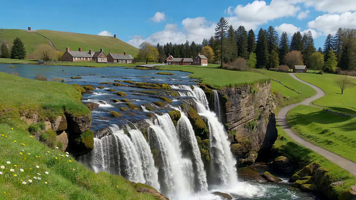 自然风景瀑布与周边建筑景观 自然风景瀑布与周边建筑景观