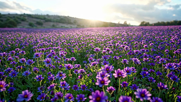 紫色花海日落全景 紫色花海日落全景