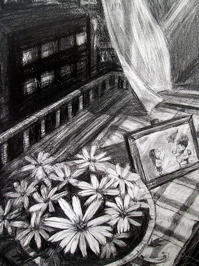 素描阳台上的盆栽