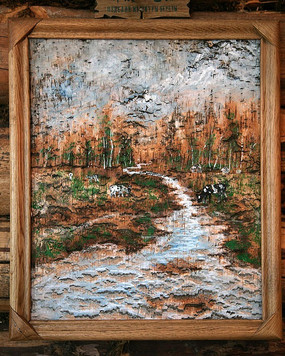 桦树皮画《桦林狼影》