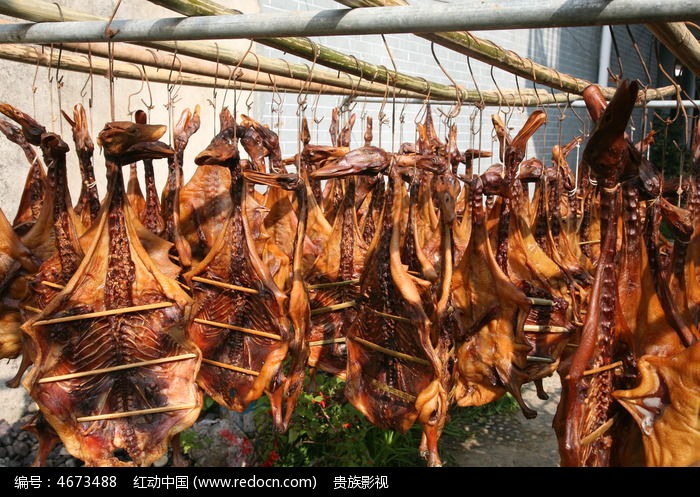 挂在架子上的整只腊鸭