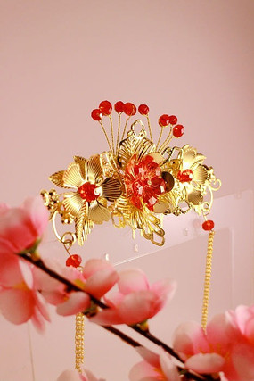 金色红宝石流苏步摇