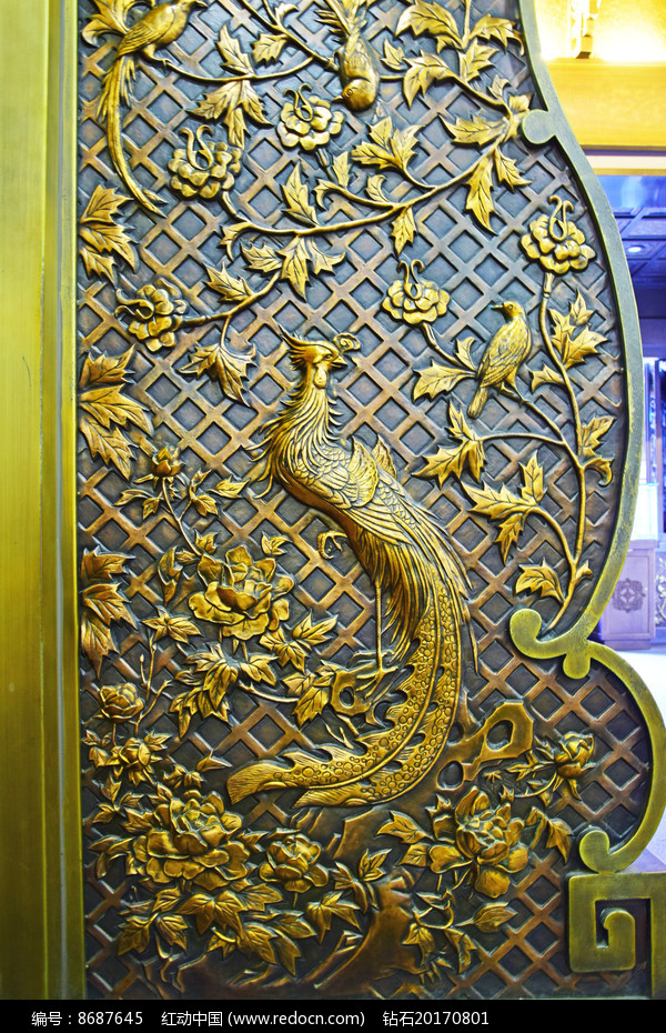 凤凰牡丹图铜艺浮雕