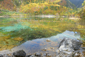 九寨沟五花海多彩的秋林和湖水